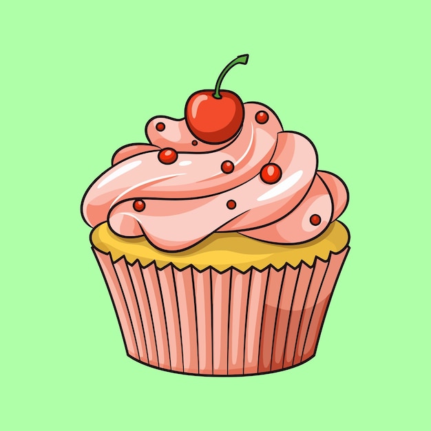 Ilustração em vetor de um cupcake com creme e cereja no fundo azul