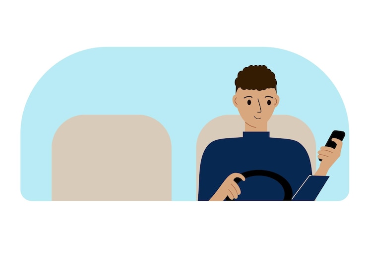 Vetor ilustração em vetor de um homem com uma das mãos controla um carro e um telefone celular na outra