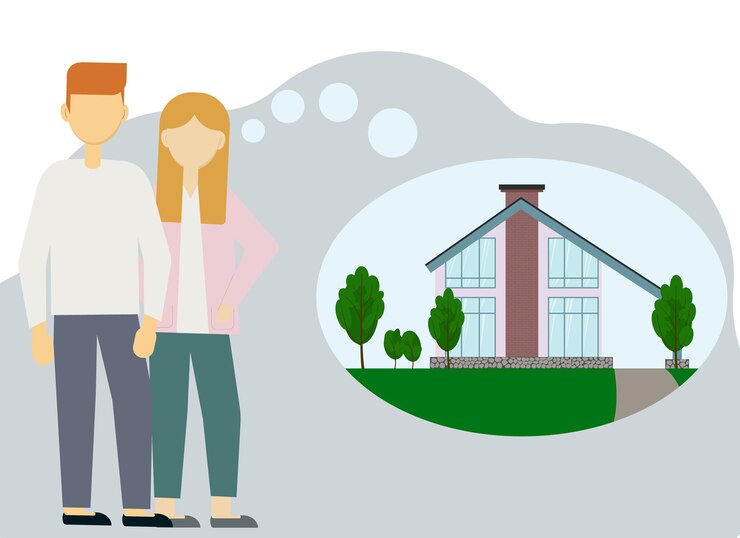 Vetor ilustração em vetor de um jovem casal homem e mulher sonhando com uma casa. na casa das bolhas