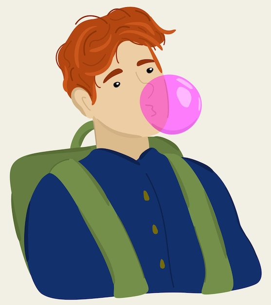 Ilustração em vetor de um menino com mochila, mascando um chiclete. isolado em fundo claro.