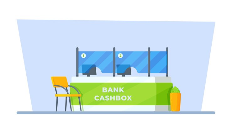 Vetor ilustração em vetor de uma caixa de caixa de banco para aconselhamento ao cliente sobre empréstimos ou finanças