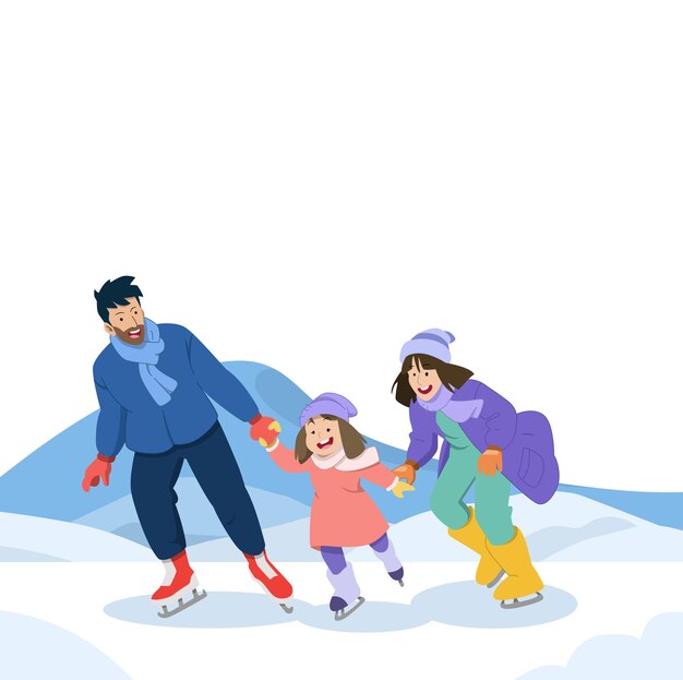 Ilustração em vetor de uma família esquiando juntos