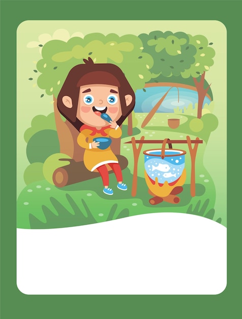 Ilustração em vetor de uma garota em uma caminhada comendo pelo fogo na floresta