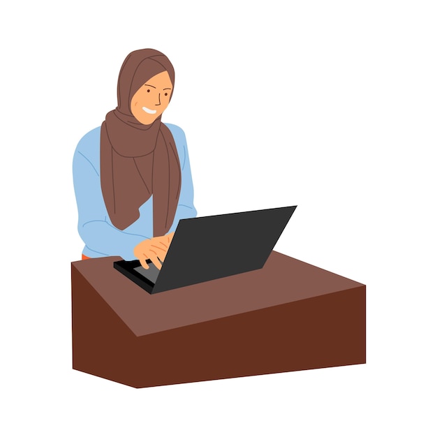 Ilustração em vetor de uma mulher hijab trabalhando em um escritório