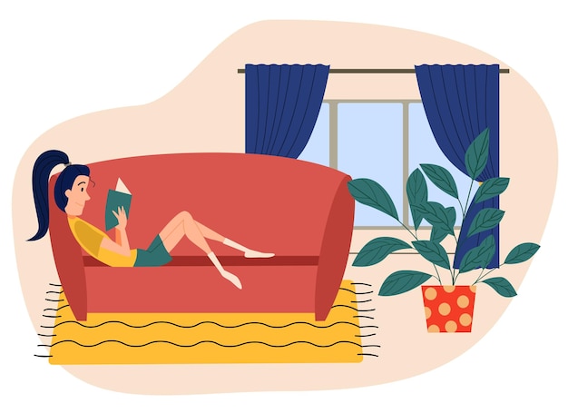 Vetor ilustração em vetor de uma mulher lendo um livro deitada no sofá