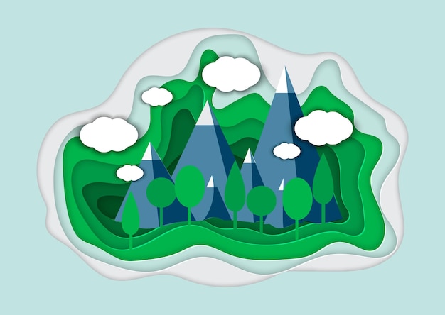 Vetor ilustração em vetor de uma paisagem montanhosa em estilo papercut