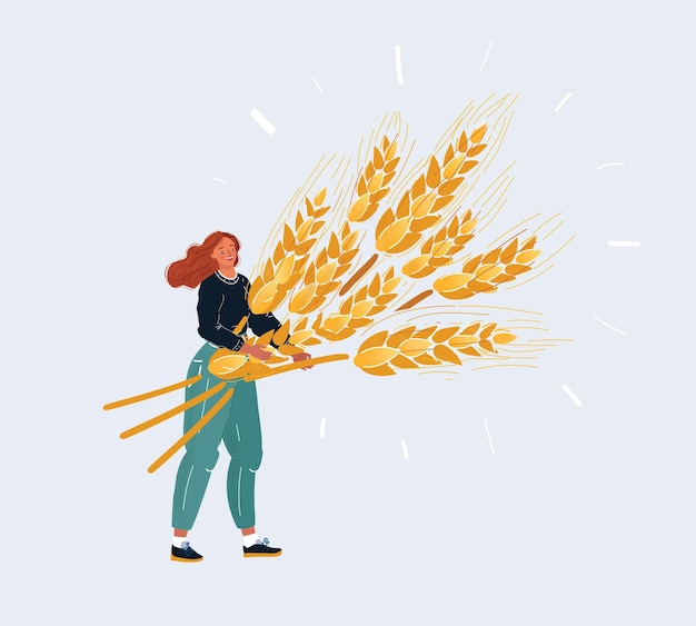 Vetor ilustração em vetor de uma pequena mulher segurando um grande feixe maduro gigante de espigas de trigo em suas mãos