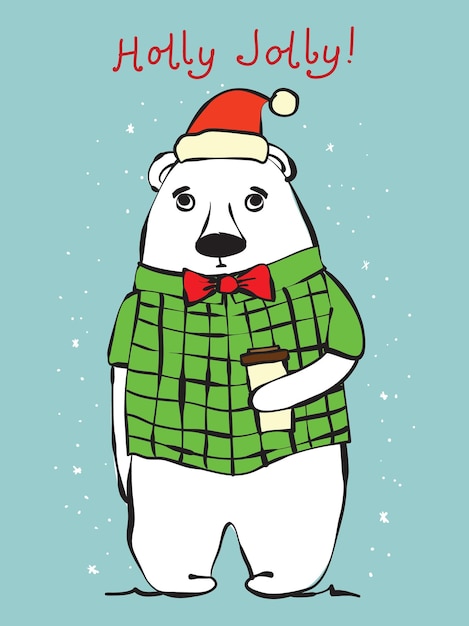 Ilustração em vetor de urso de Natal e saudações de Natal e ano novo. Urso fofo com chapéu de Natal em estilo cartoon