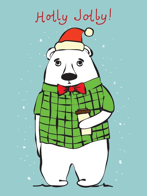 Ilustração em vetor de urso de natal e saudações de natal e ano novo. urso fofo com chapéu de natal em estilo cartoon