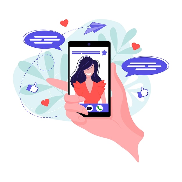 Ilustração em vetor de videochamada em um celular com uma linda garota