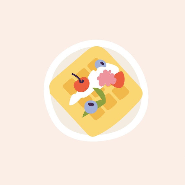 Ilustração em vetor de waffles da bélgica com creme e frutas. café da manhã doce.