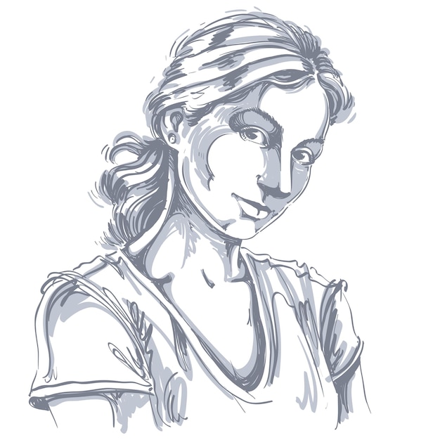 Ilustração em vetor desenhado à mão de linda mulher romântica e terna. Imagem monocromática, expressões no rosto de uma jovem olhando para alguém com amor e carinho.
