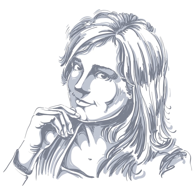 Ilustração em vetor desenhados à mão de linda mulher amorosa romântica. Imagem monocromática, expressões no rosto da jovem, feições delicadas.