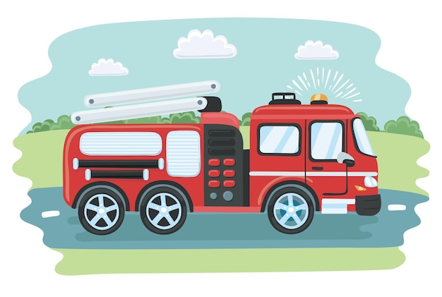 Ilustração em vetor desenho animado amigável fofo sorridente vermelho firetruck
