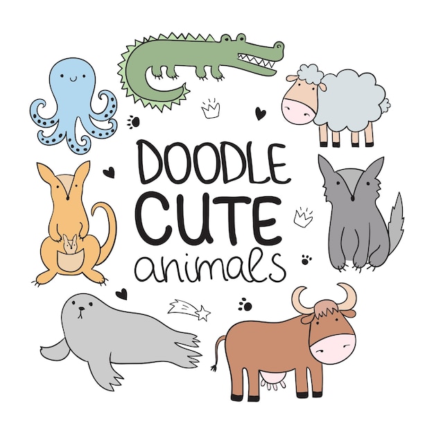 Vetor ilustração em vetor desenho animado com animais fofos doodle