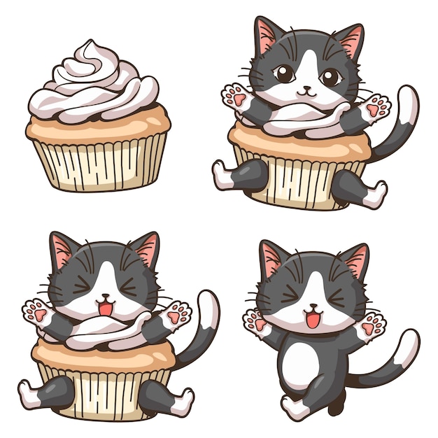 gato fofo com cupcake e personagem de desenho animado kawaii 1846687 Vetor  no Vecteezy