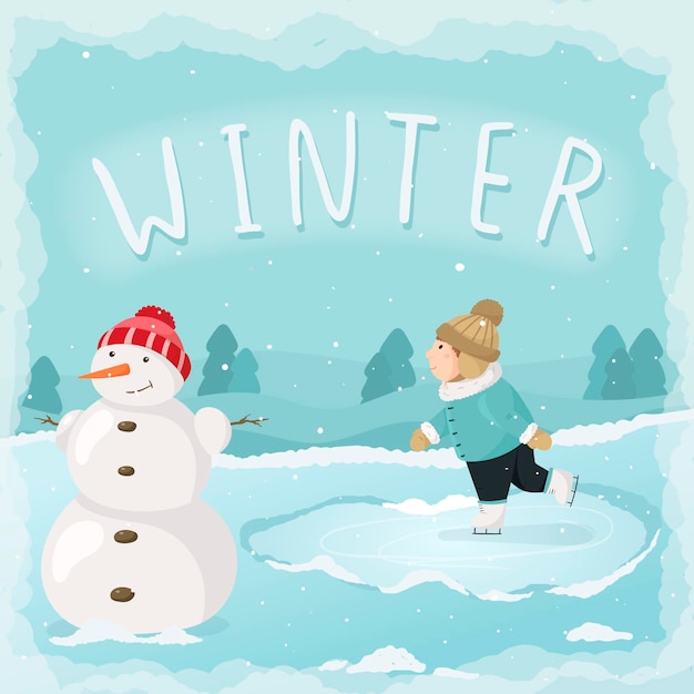 Ilustração em vetor desenho animado inverno. inverno, derrapagens, queda de neve. o menino está patinando, há um boneco de neve. diversão de inverno na véspera de ano novo ou de natal. banner com o inverno de inscrição.