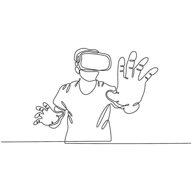 Ilustração em vetor desenho de linha contínua de um homem jogando com óculos de vr