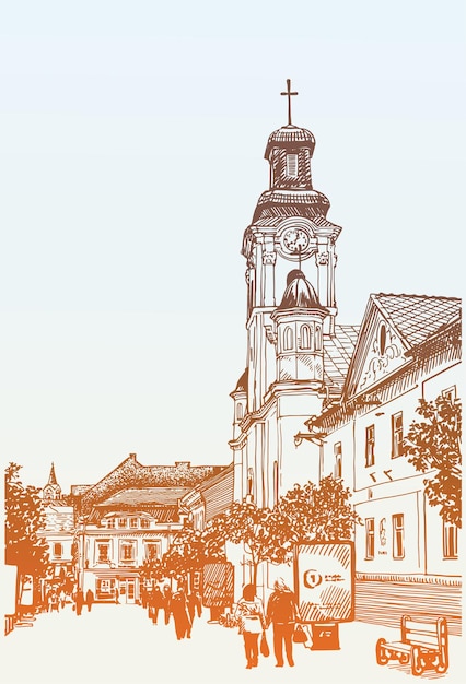 Ilustração em vetor desenho digital original da paisagem urbana de uzhgorod, ucrânia, cartão postal de viagem