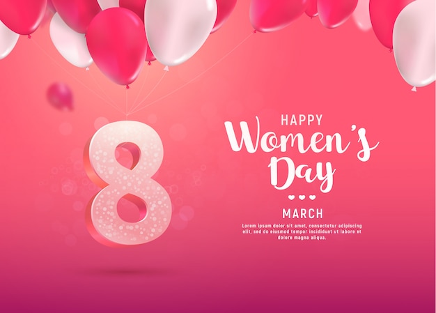 Ilustração em vetor dia internacional da mulher. oito de março comemorando. número oito voar em balões no fundo rosa brilhante