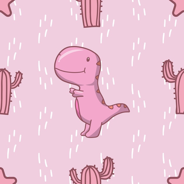 Ilustração em vetor dinossauro rosa sem costura padrão