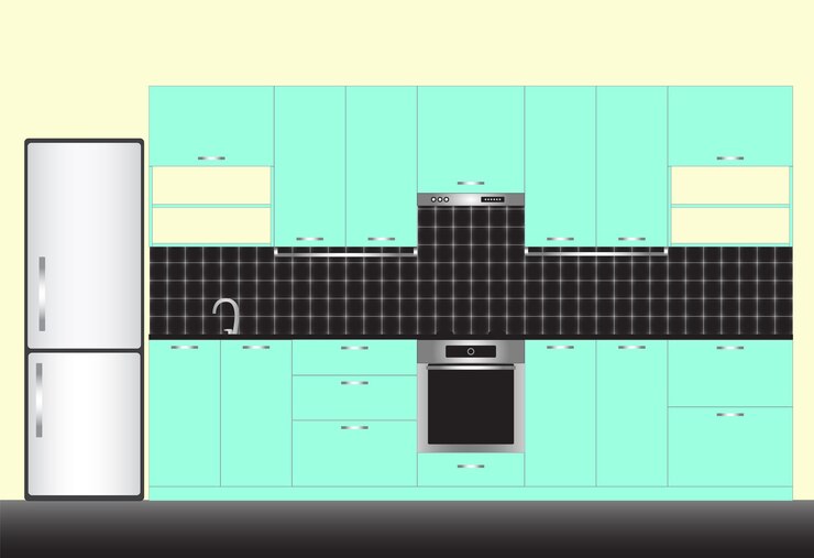 Vetor ilustração em vetor do interior da cozinha moderna em estilo plano linear móveis de cozinha estilo menta e cor preta