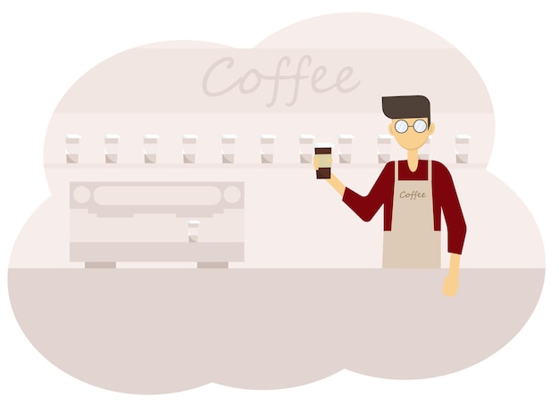Ilustração em vetor do interior de uma cafeteria e homens baristas com uma xícara de café