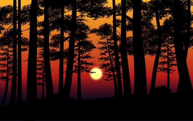 Ilustração em vetor do pôr do sol na floresta