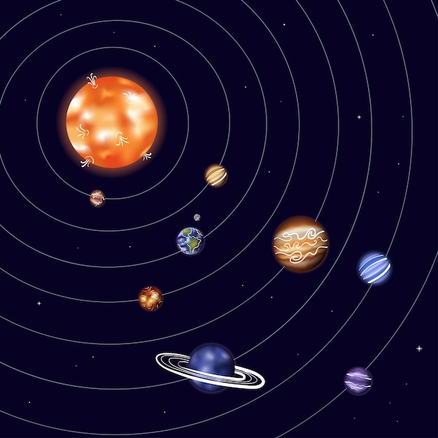 Ilustração em vetor do sistema solar com o símbolo de espaço de contorno dos desenhos animados do sol.