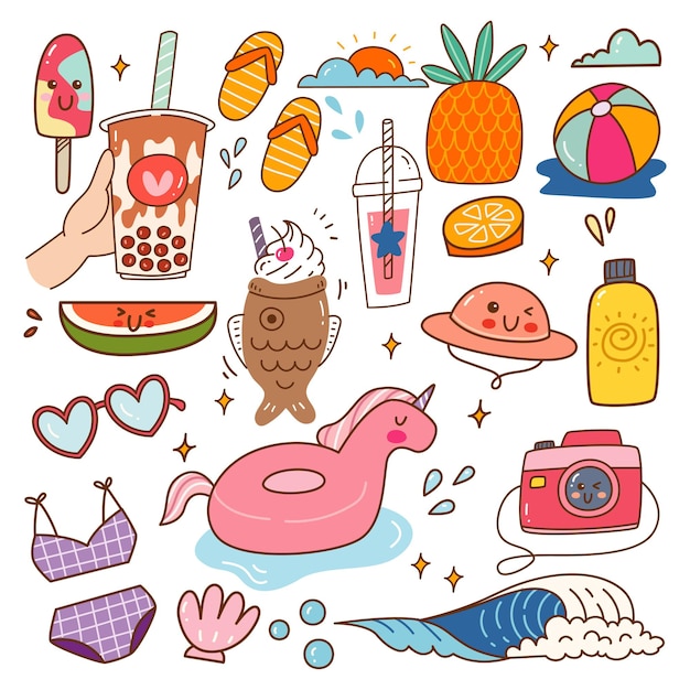 Ilustração em vetor doodle kawaii de objetos relacionados à praia