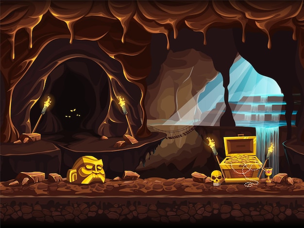 Ilustração em vetor dos desenhos animados da caverna do tesouro com uma cachoeira e baú.