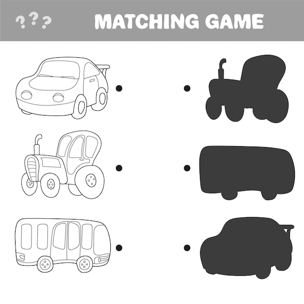 Ilustração em vetor dos desenhos animados da educação. shadow matching game para crianças pré-escolares. itens de automóveis e carros