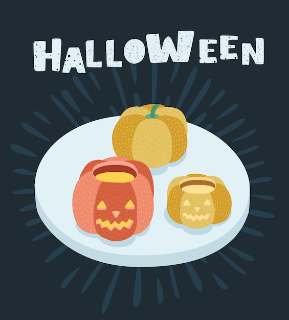 Ilustração em vetor dos desenhos animados de abóboras de halloween esculpidas com um rosto na mesa. letras desenhadas à mão em fundo preto +