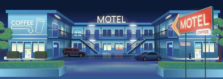 Vetor ilustração em vetor dos desenhos animados de motel à noite com carros e café.