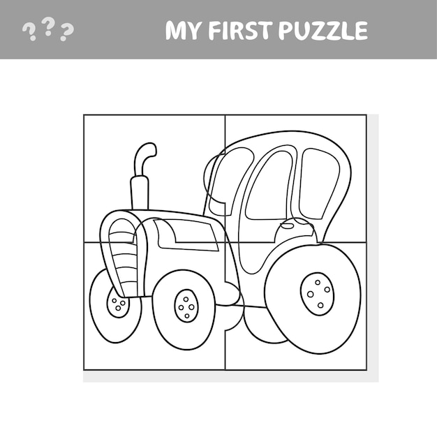 Ilustração em vetor dos desenhos animados do jogo de quebra-cabeça educacional para crianças pré-escolares com o personagem funny tractor machine - meu primeiro quebra-cabeça e livro para colorir