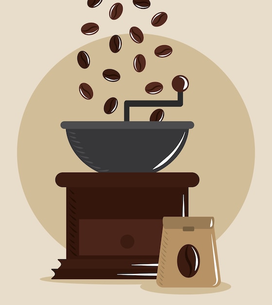 Vetor ilustração em vetor fabricação de café, moedor torrador de grãos e produto de saco