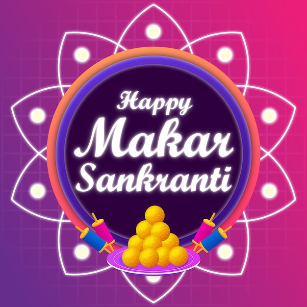 Ilustração em vetor feliz makar sankranti retange mídia social postar modelo círculo moldura roxa