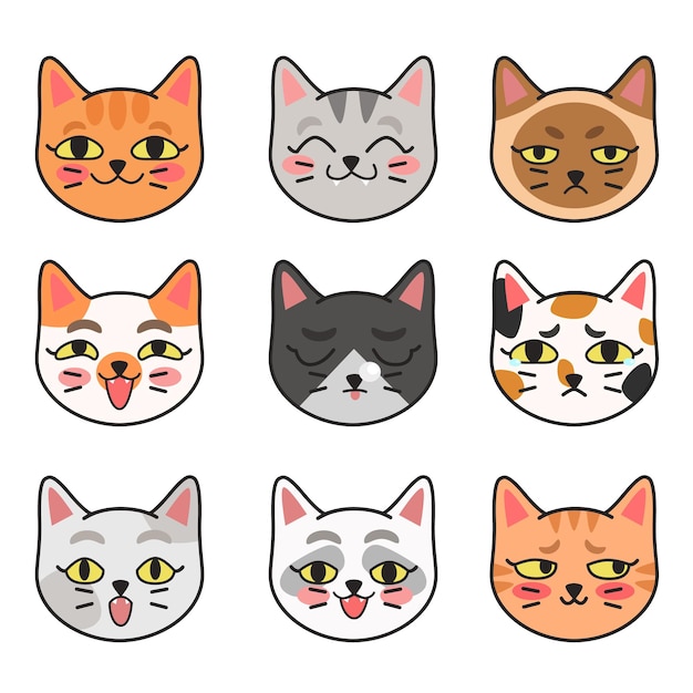 Vetor ilustração em vetor gira de diferentes raças de gatos. um conjunto de retratos de gatos bonitos com emoções diferentes em um estilo simples de desenho animado.