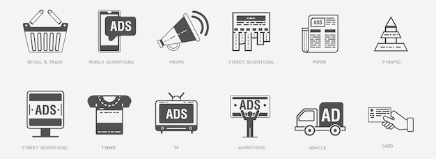 Ilustração em vetor ícones de publicidade e marketing de promoção de produto