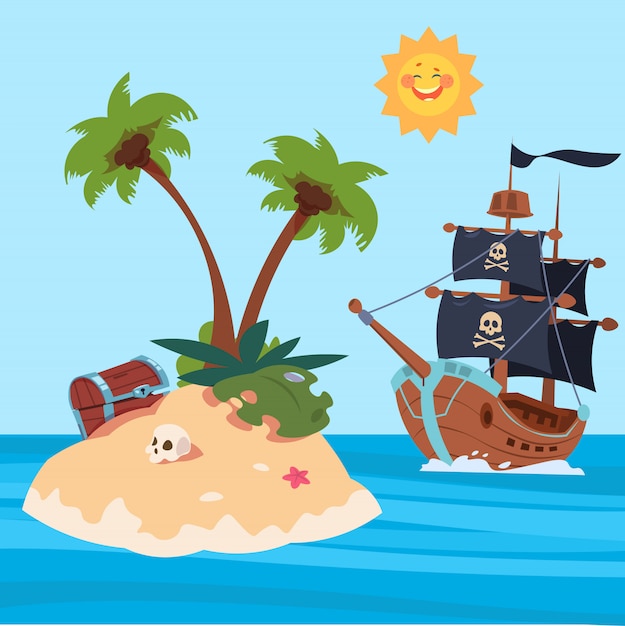 Ilustração em vetor ilha piratas navio e tesouros