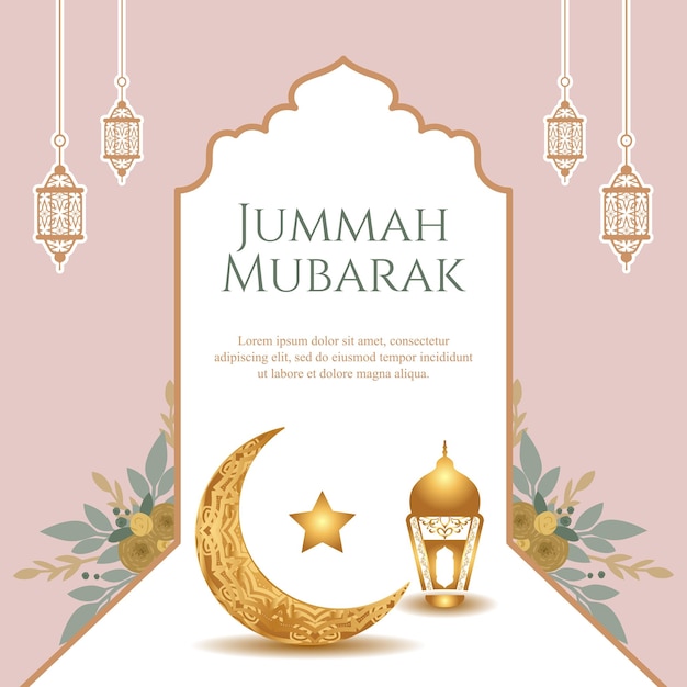 Ilustração em vetor islâmico jumma mubarak em fundo de banner rosa e dourado