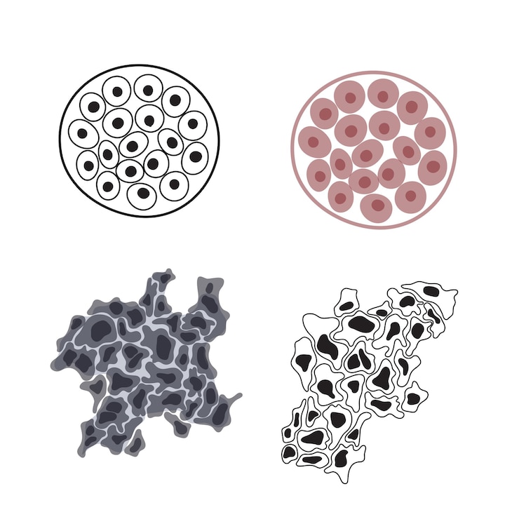 Vetor ilustração em vetor isolada de tumor maligno e benigno em tecido saudável. disseminação de células cancerosas, desenvolvimento de tumor. infografia médica para uso em pôsteres, educação, ciência e medicina.