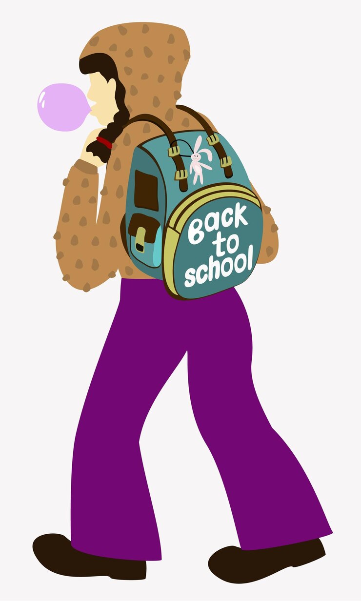 Vetor ilustração em vetor isolada de uma garota indo para a escola com mochila enorme. de volta à escola.
