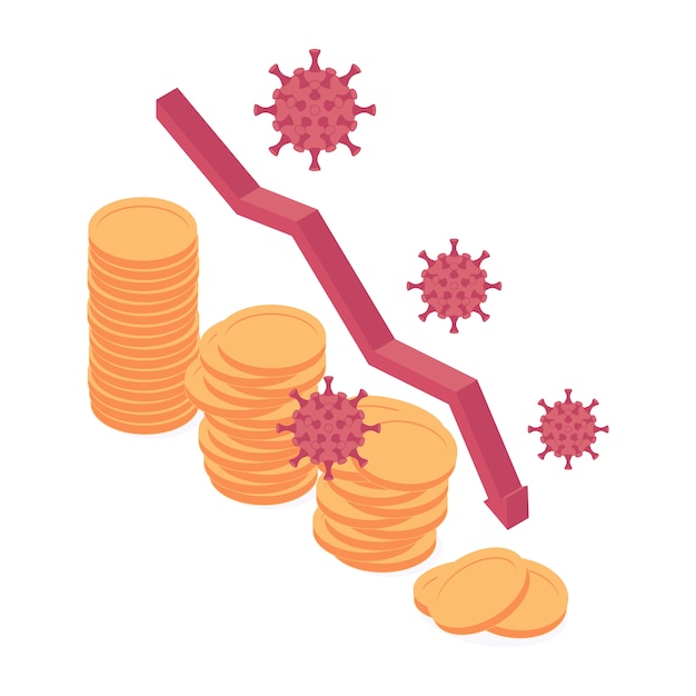 Ilustração em vetor isométrica coronavirus crise econômica e financeira