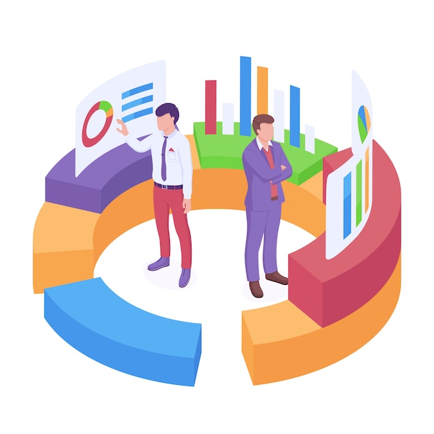 Ilustração em vetor isométrica de análise de negócios com dois empresários dentro de uma grande torta