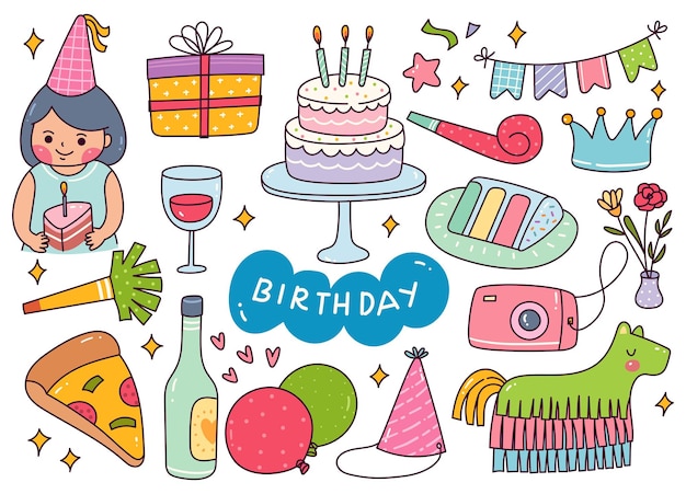 Ilustração em vetor Kawaii Birthday Celebration Doodle