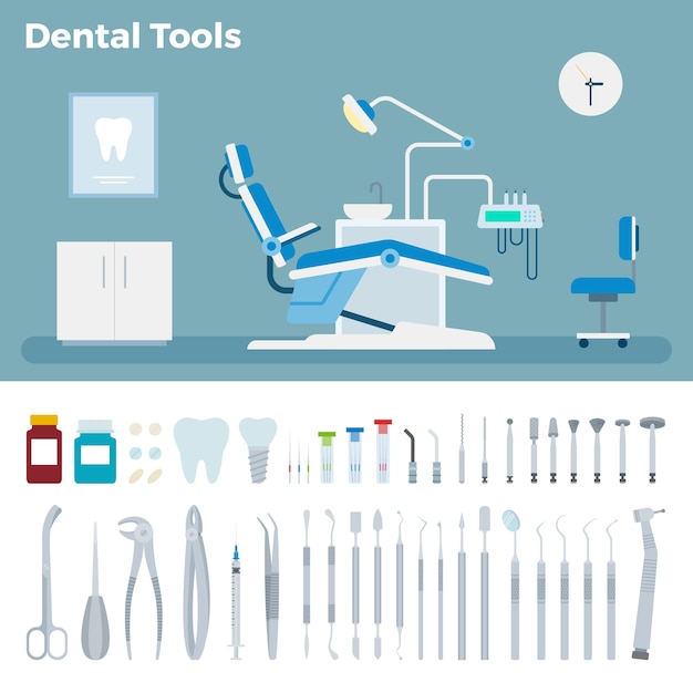 Vetor ilustração em vetor kit de ferramentas para consultório dentário e tratamento odontológico em um design plano