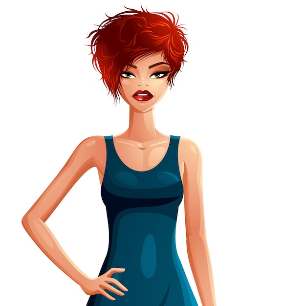Ilustração em vetor linda senhora, sexy garota ruiva magro vestindo um elegante vestido clássico. Jovem bonita caucasiana segura a mão na cintura, isolada no fundo branco.