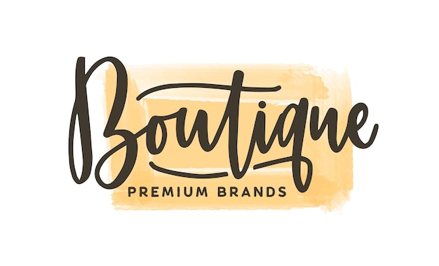 Ilustração em vetor logotipo boutique da moda. logotipo da loja de roupas premium em aquarela com inscrição em fundo de manchas de tinta amarela. letras de loja de roupas com pinceladas de aquarela.