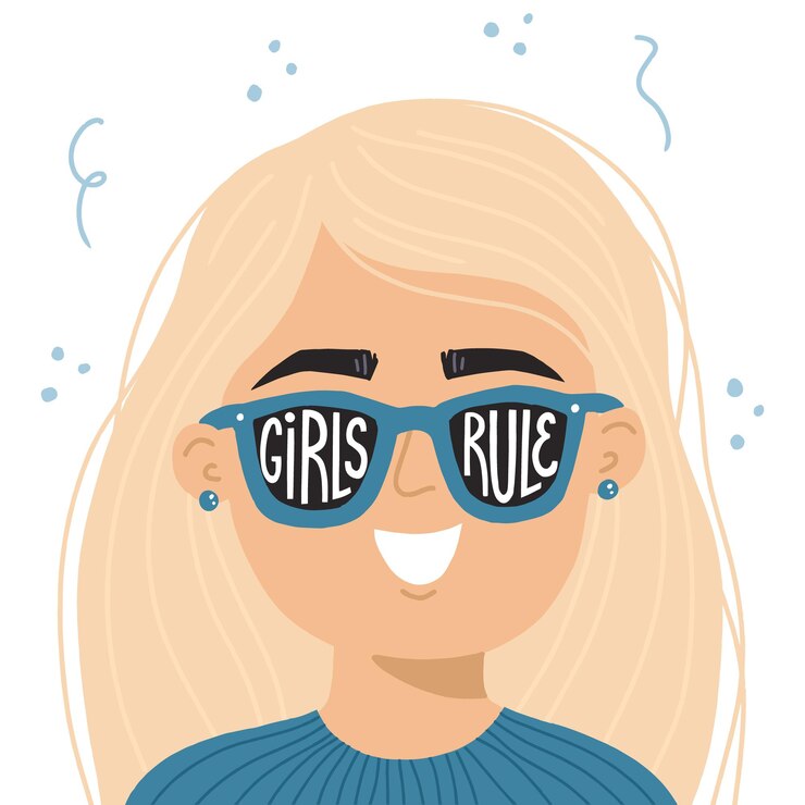 Vetor ilustração em vetor mão desenhada do poder feminino. mulher de óculos de sol com regra de meninas de slogan inspirador. conceito feminista para t-shirt, cartaz, impressão.